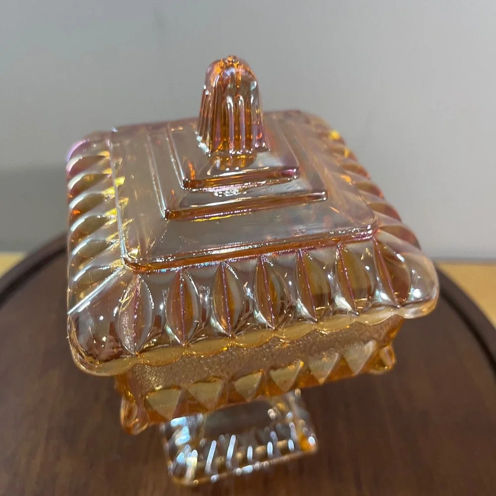 Vtg Westmoreland Marigold Carnival Glass Wedding Cake Box Footed Candy Dish Lid